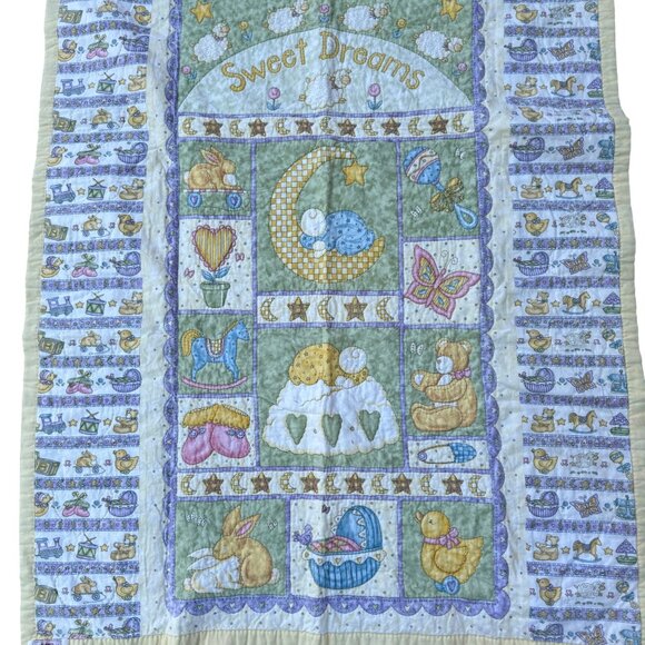 Vintage Baby Blanket Quilt Sweet Dreams Pastel Nursery Animals Moon Stars - Picture 2 of 5